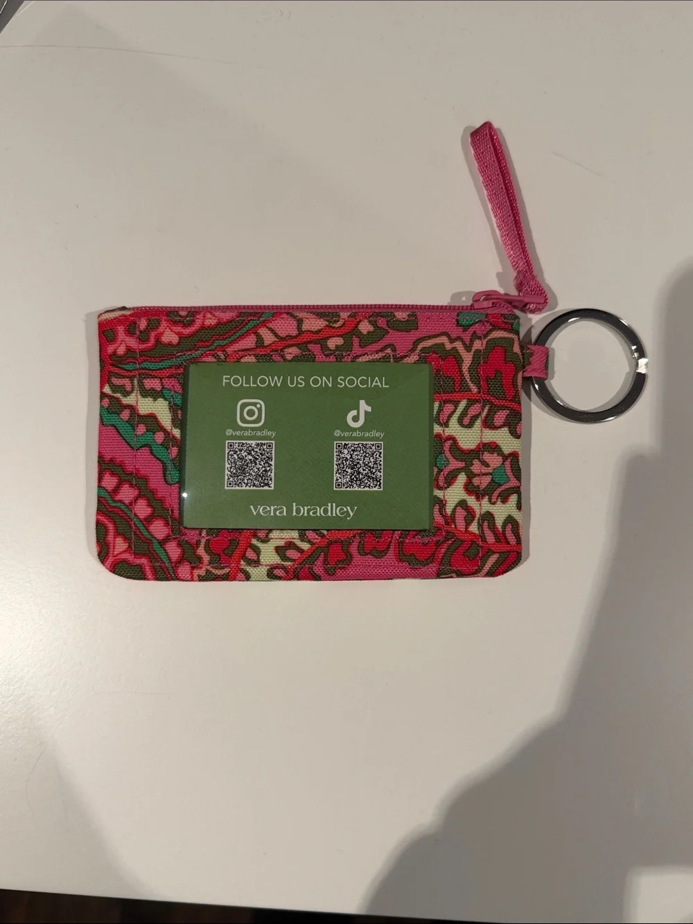 NWT Vera Bradley Hot Pink Floral Quilted Zip ID Case with Key Ring